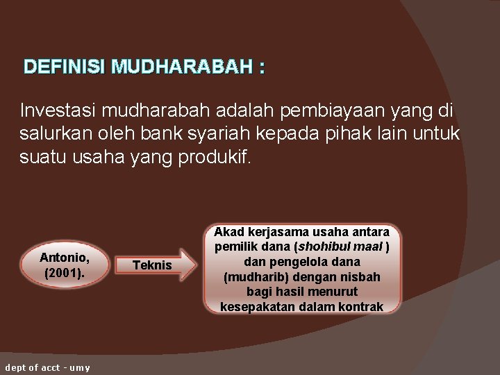 DEFINISI MUDHARABAH : Investasi mudharabah adalah pembiayaan yang di salurkan oleh bank syariah kepada
