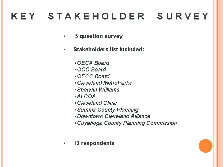 KEY STAKEHOLDER • 5 question survey • Stakeholders list included: SURVEY • OECA Board