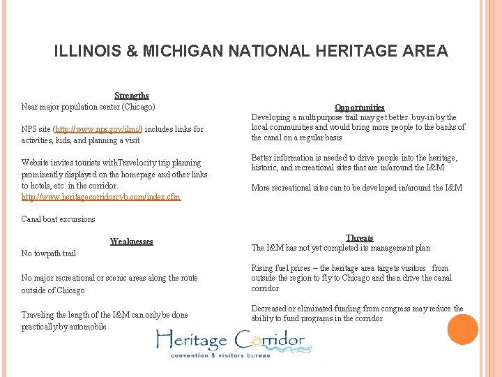 ILLINOIS & MICHIGAN NATIONAL HERITAGE AREA Strengths Near major population center (Chicago) NPS site