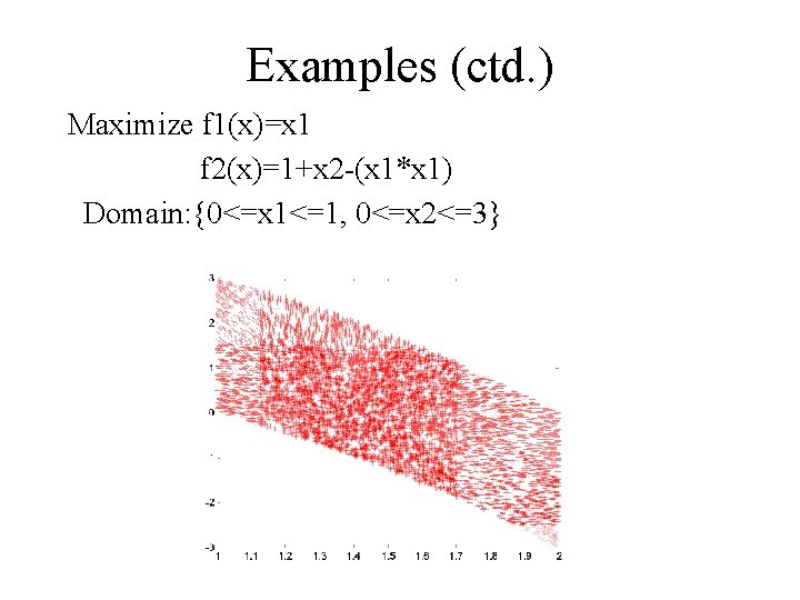 Examples (ctd. ) Maximize f 1(x)=x 1 f 2(x)=1+x 2 -(x 1*x 1) Domain:
