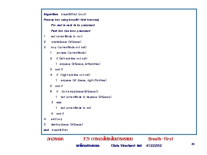 Algorithm breadth. First (root) Process tree using breadth-first traversal, Pre root is node to