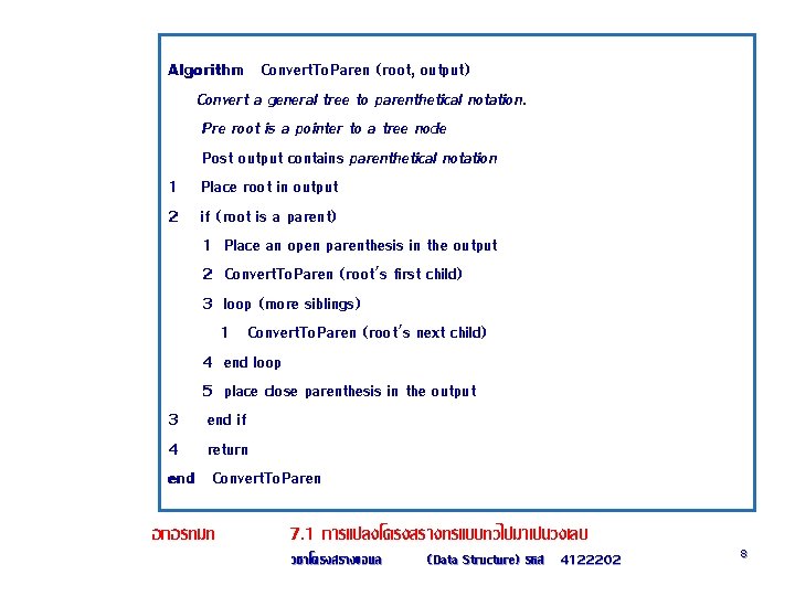 Algorithm Convert. To. Paren (root, output) Convert a general tree to parenthetical notation. Pre