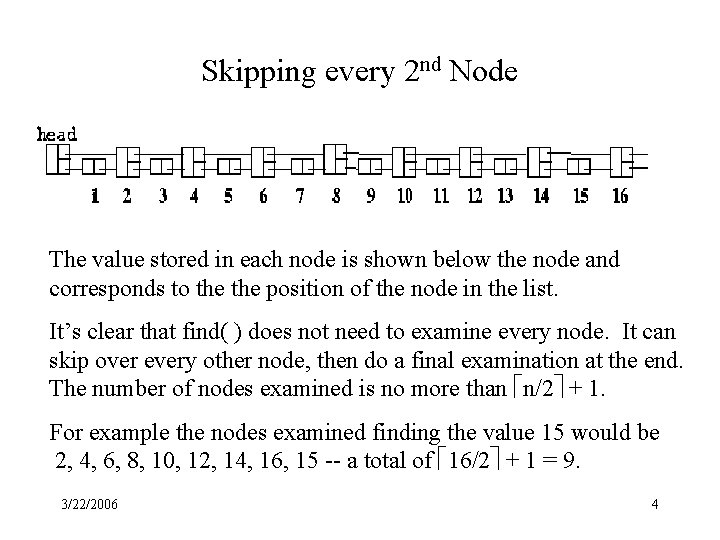 Skipping every 2 nd Node The value stored in each node is shown below