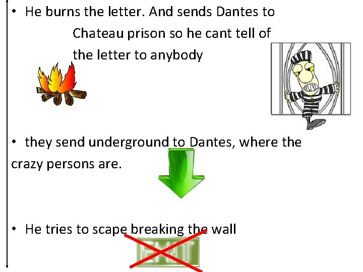  • He burns the letter. And sends Dantes to Chateau prison so he