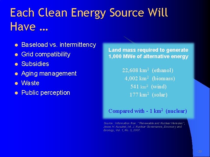 Each Clean Energy Source Will Have … l l l Baseload vs. intermittency Grid