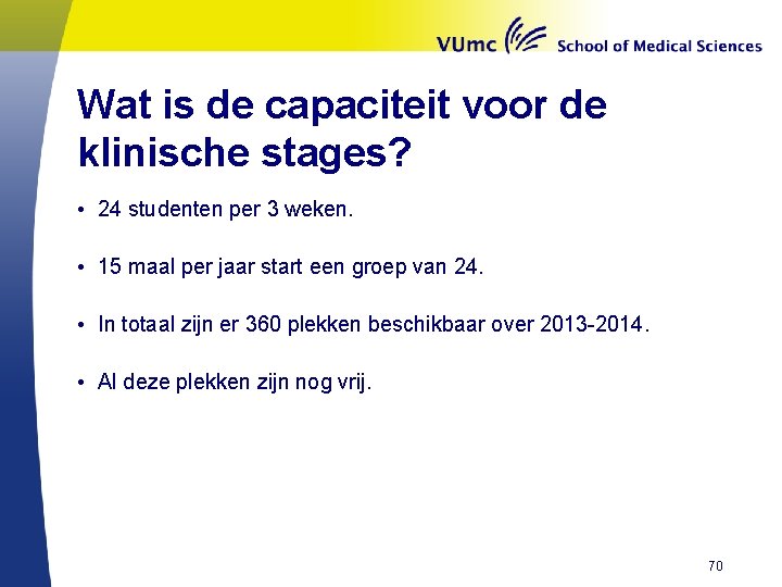 Wat is de capaciteit voor de klinische stages? • 24 studenten per 3 weken.