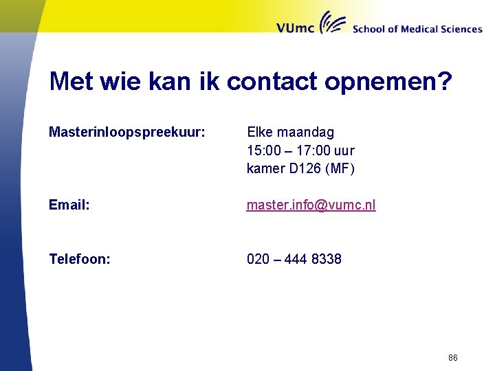 Met wie kan ik contact opnemen? Masterinloopspreekuur: Elke maandag 15: 00 – 17: 00