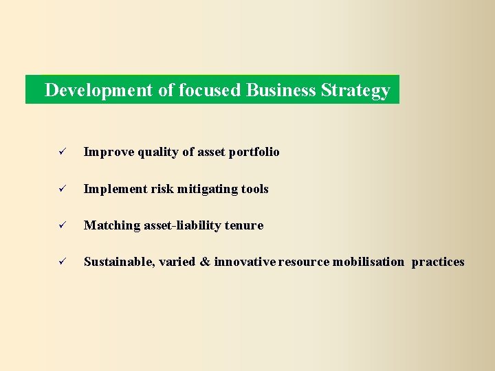 Development of focused Business Strategy Improve quality of asset portfolio Implement risk mitigating tools
