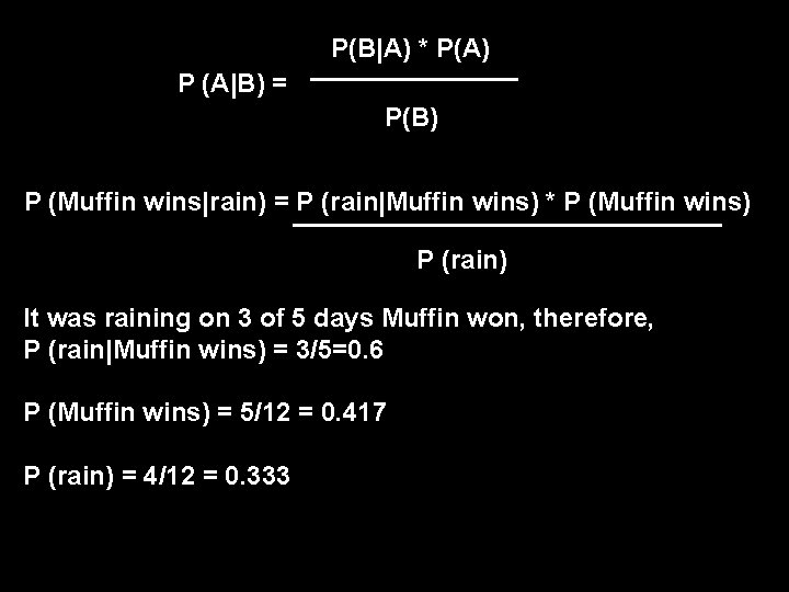 P(B|A) * P(A) P (A|B) = P(B) P (Muffin wins|rain) = P (rain|Muffin wins)