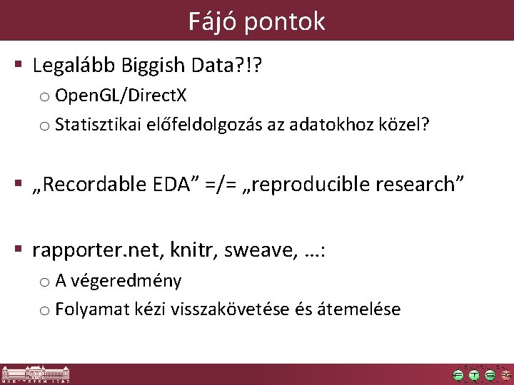 Fájó pontok § Legalább Biggish Data? !? o Open. GL/Direct. X o Statisztikai előfeldolgozás