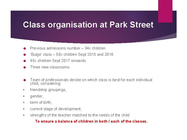 Class organisation at Park Street Previous admissions number – 34 x children ‘Bulge’ class