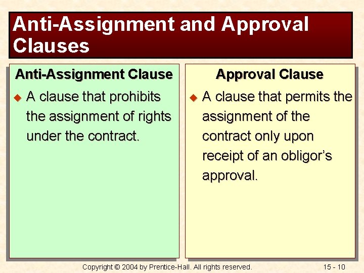 Anti-Assignment and Approval Clauses Anti-Assignment Clause u A clause that prohibits the assignment of