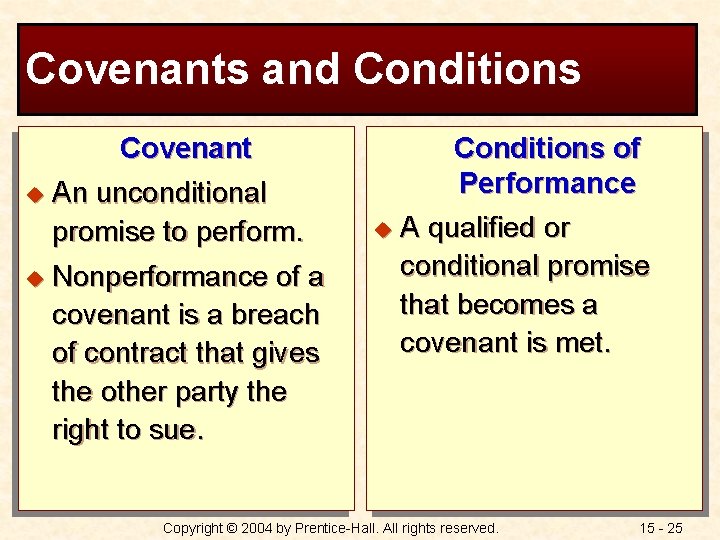 Covenants and Conditions Covenant u An unconditional promise to perform. u Nonperformance of a