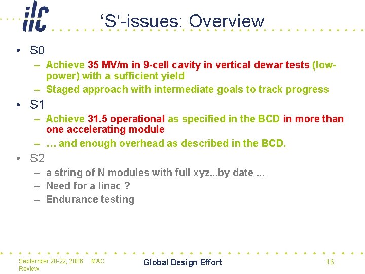‘S‘-issues: Overview • S 0 – Achieve 35 MV/m in 9 -cell cavity in
