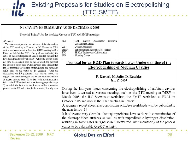 Existing Proposals for Studies on Electropolishing (TTC, SMTF) September 20 -22, 2006 Review MAC