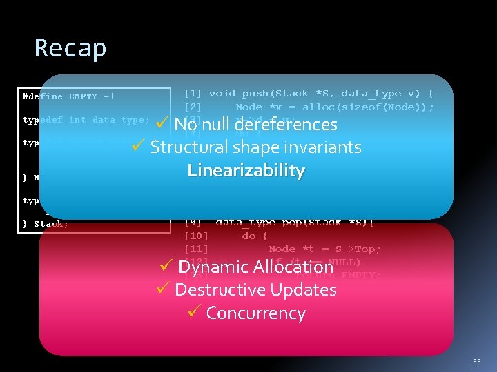 Recap [1] void push(Stack *S, data_type v) { [2] Node *x = alloc(sizeof(Node)); [3]