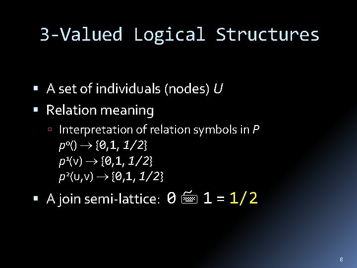 3 -Valued Logical Structures A set of individuals (nodes) U Relation meaning Interpretation of