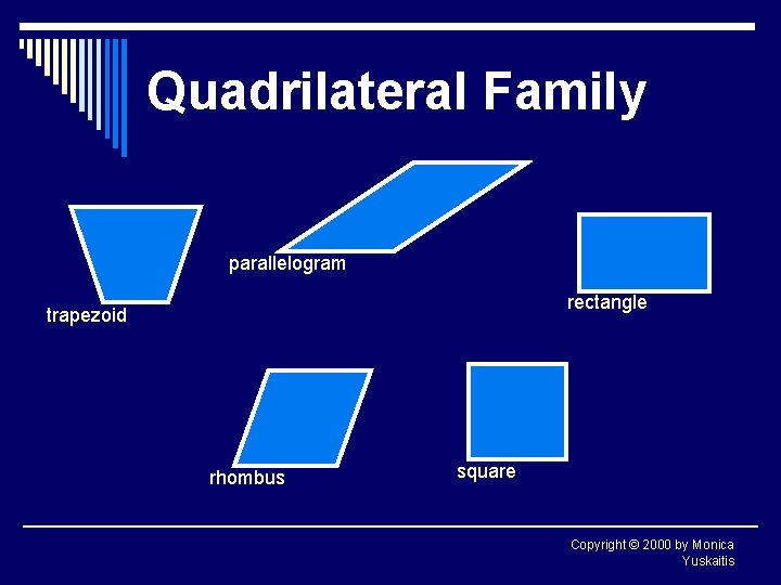 Quadrilateral Family parallelogram rectangle trapezoid rhombus square Copyright © 2000 by Monica Yuskaitis 