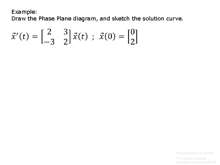 Example: Draw the Phase Plane diagram, and sketch the solution curve. Prepared by Vince