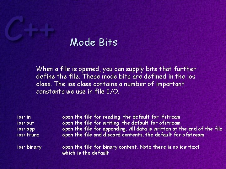Mode Bits When a file is opened, you can supply bits that further define