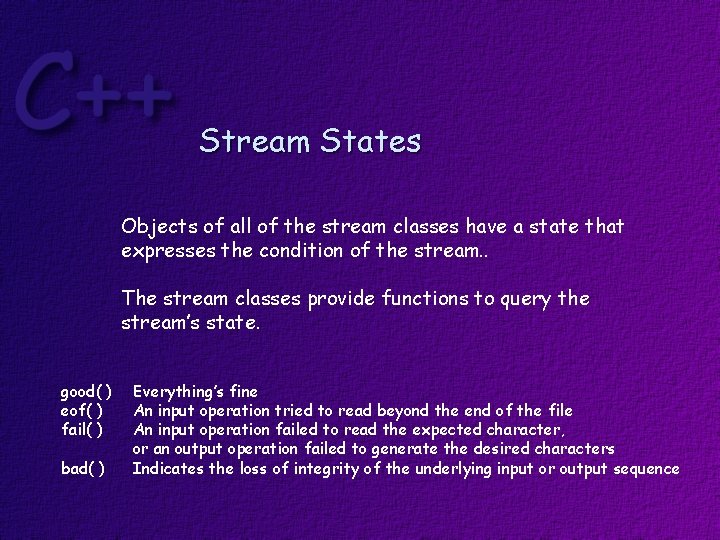 Stream States Objects of all of the stream classes have a state that expresses