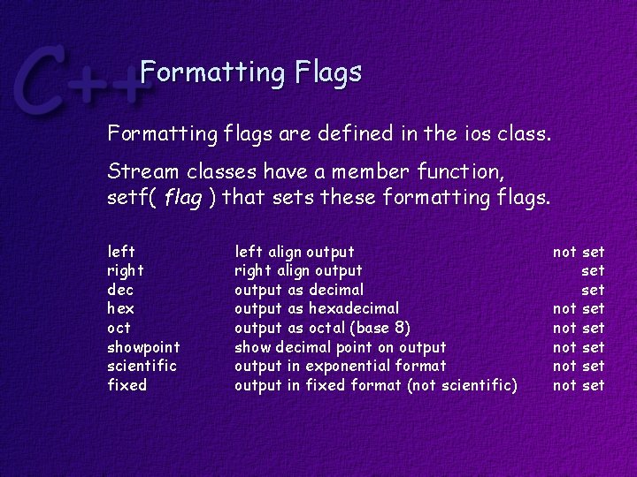 Formatting Flags Formatting flags are defined in the ios class. Stream classes have a