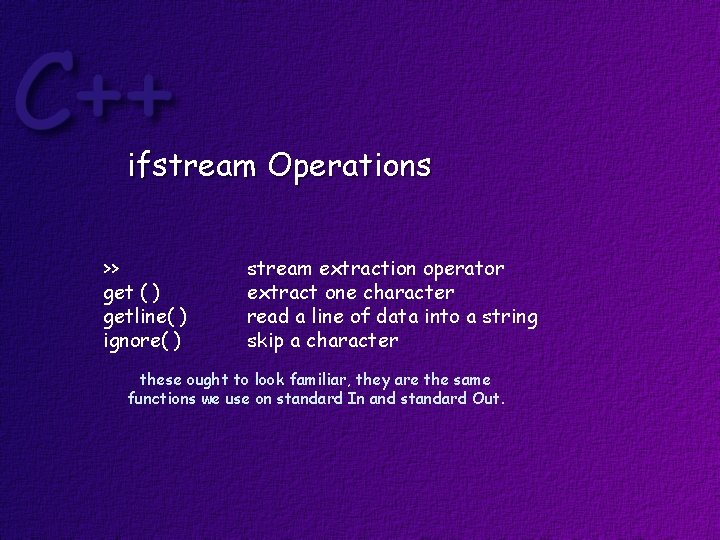 ifstream Operations >> get ( ) getline( ) ignore( ) stream extraction operator extract