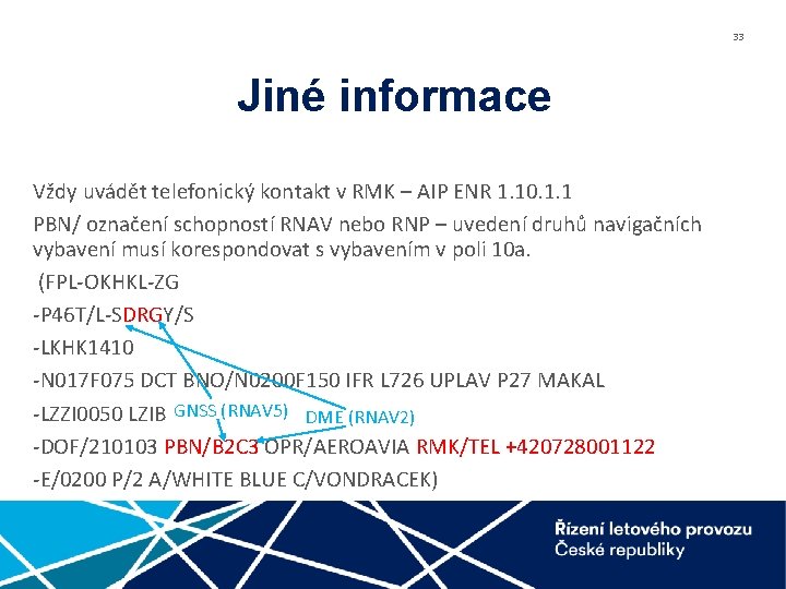 33 Jiné informace Vždy uvádět telefonický kontakt v RMK – AIP ENR 1. 10.