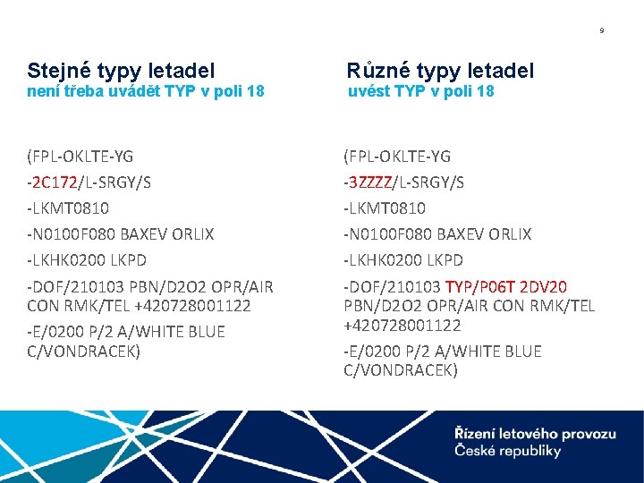9 Stejné typy letadel Různé typy letadel (FPL-OKLTE-YG -2 C 172/L-SRGY/S -LKMT 0810 -N