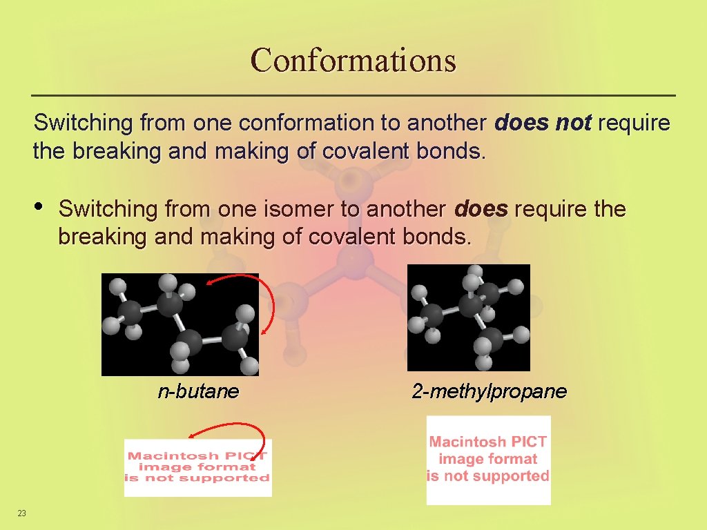 Conformations Switching from one conformation to another does not require the breaking and making