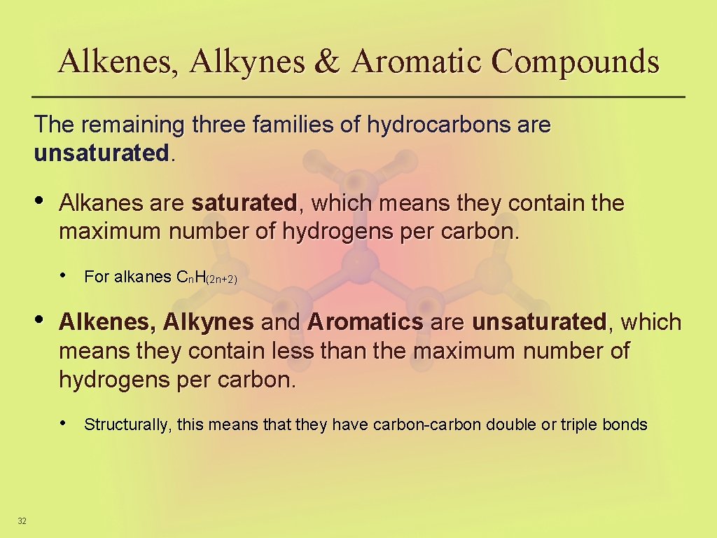 Alkenes, Alkynes & Aromatic Compounds The remaining three families of hydrocarbons are unsaturated. •