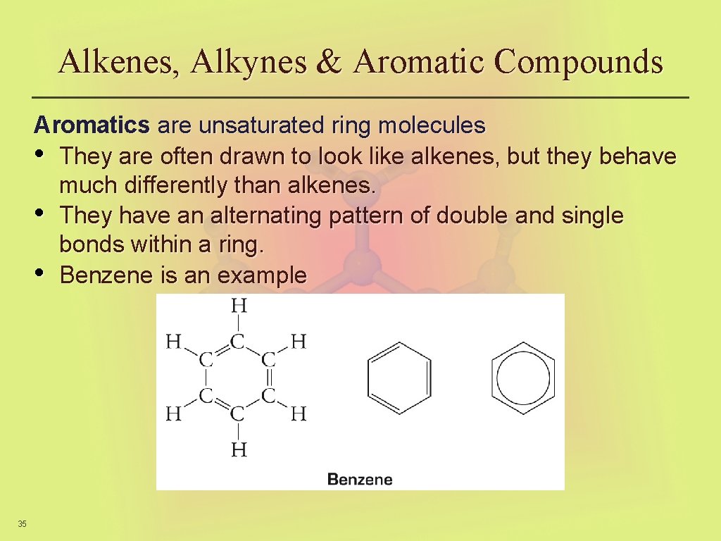 Alkenes, Alkynes & Aromatic Compounds Aromatics are unsaturated ring molecules • They are often