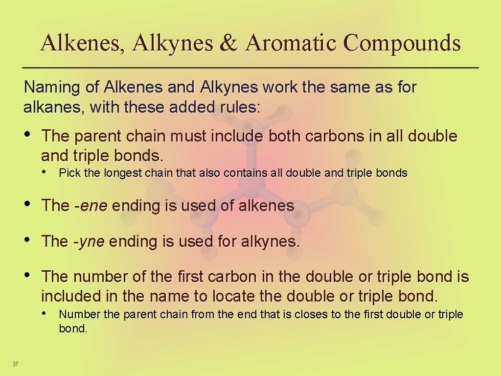 Alkenes, Alkynes & Aromatic Compounds Naming of Alkenes and Alkynes work the same as