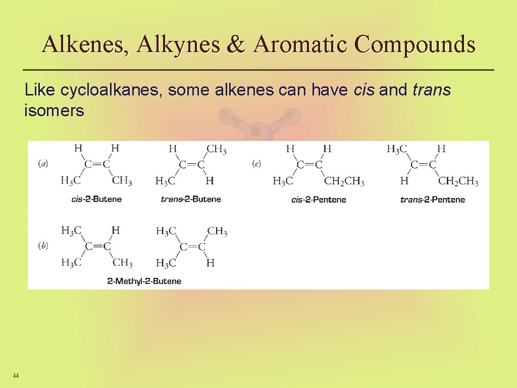 Alkenes, Alkynes & Aromatic Compounds Like cycloalkanes, some alkenes can have cis and trans