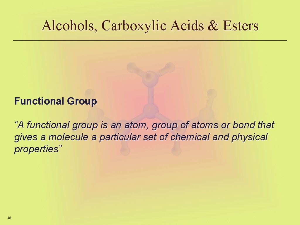 Alcohols, Carboxylic Acids & Esters Functional Group “A functional group is an atom, group