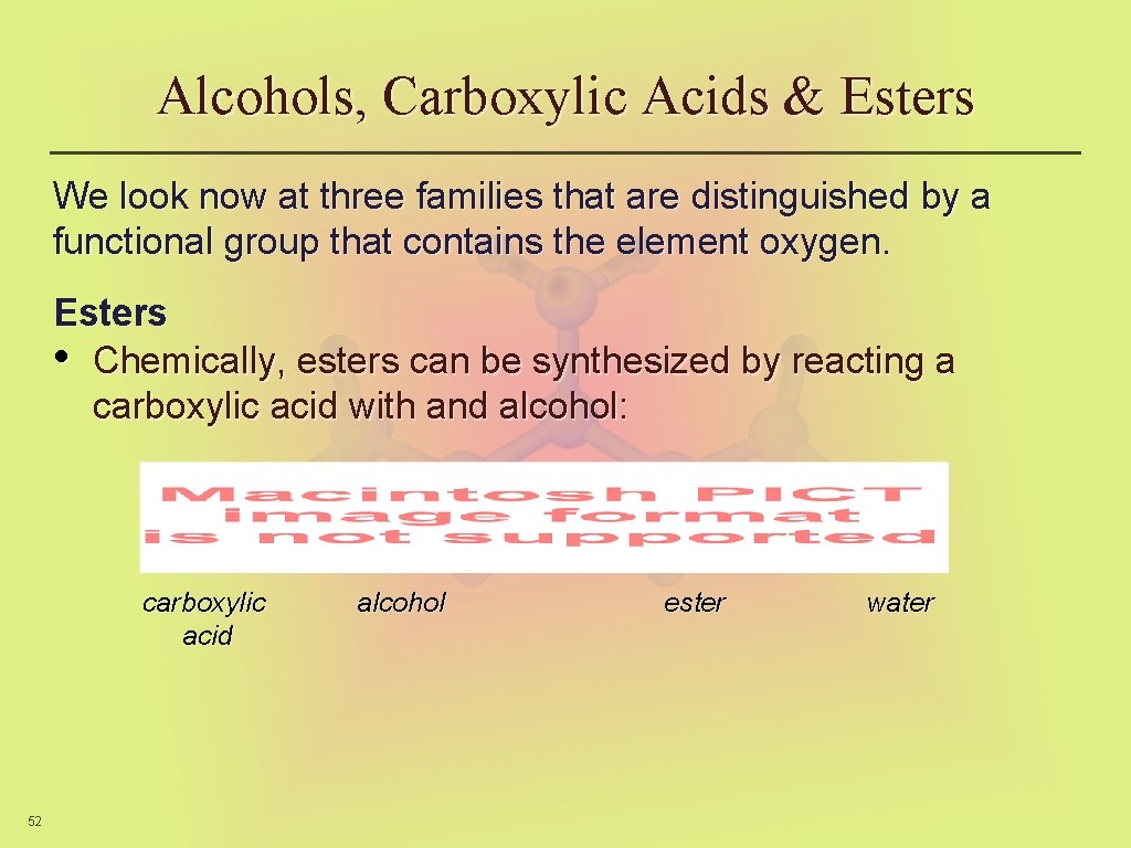Alcohols, Carboxylic Acids & Esters We look now at three families that are distinguished