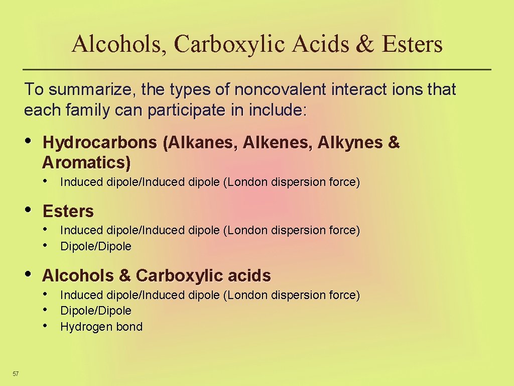 Alcohols, Carboxylic Acids & Esters To summarize, the types of noncovalent interact ions that