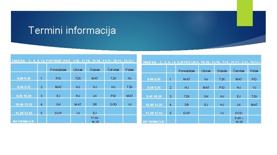 Termini informacija SMJENA – 2. , 4. , 6. i 8. POPODNE (19. 9.