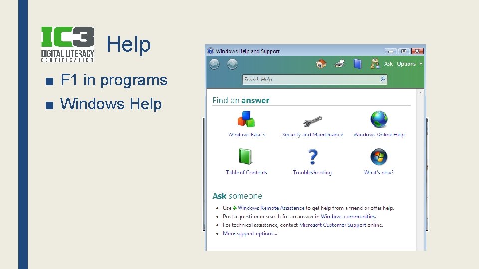 Help ■ F 1 in programs ■ Windows Help 