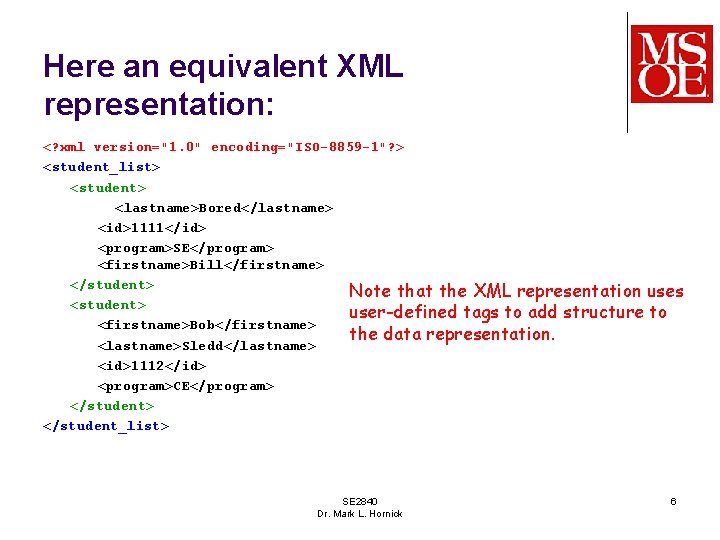 Here an equivalent XML representation: <? xml version="1. 0" encoding="ISO-8859 -1"? > <student_list> <student>