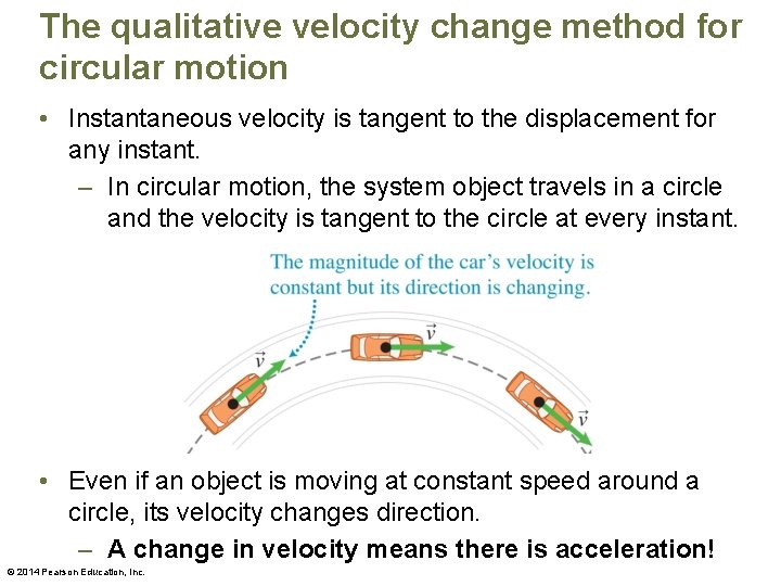 The qualitative velocity change method for circular motion • Instantaneous velocity is tangent to