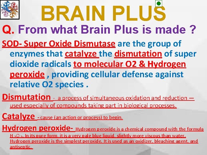 BRAIN PLUS Q. From what Brain Plus is made ? SOD- Super Oxide Dismutase
