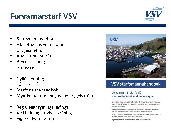 Forvarnarstarf VSV • • • Starfsmannastefna Fíkniefnalaus vinnustaður Öryggisnefnd Áhættumat starfa Atvikaskráning Námskeið •