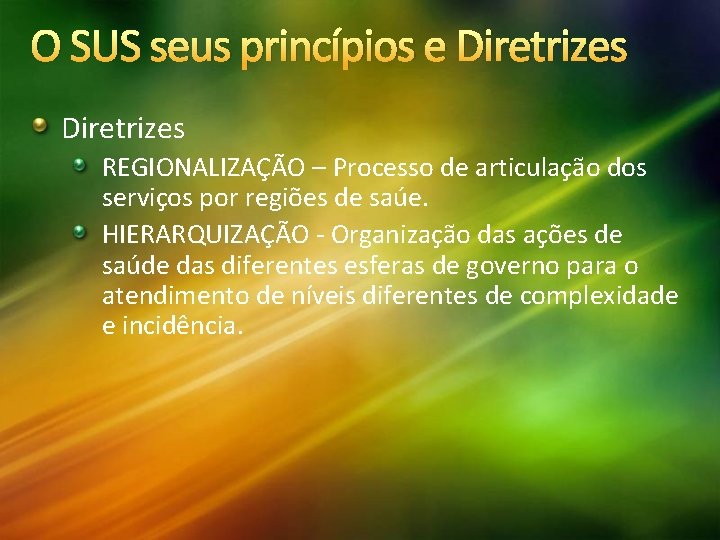 O SUS seus princípios e Diretrizes REGIONALIZAÇÃO – Processo de articulação dos serviços por