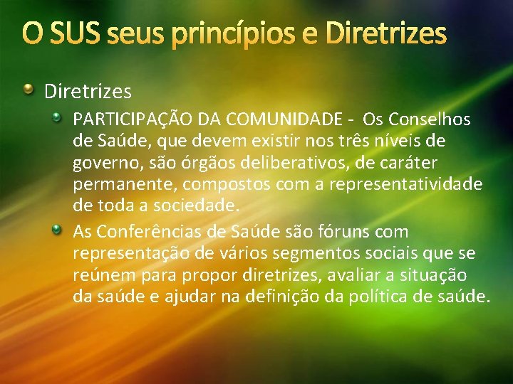 O SUS seus princípios e Diretrizes PARTICIPAÇÃO DA COMUNIDADE - Os Conselhos de Saúde,