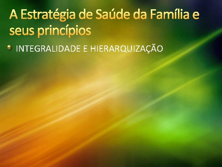 A Estratégia de Saúde da Família e seus princípios INTEGRALIDADE E HIERARQUIZAÇÃO 