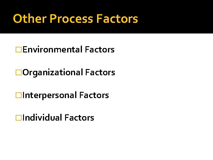 Other Process Factors �Environmental Factors �Organizational Factors �Interpersonal Factors �Individual Factors 
