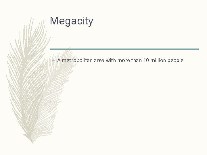 Megacity – A metropolitan area with more than 10 million people 