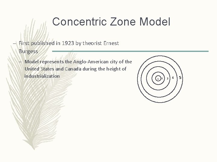 Concentric Zone Model – First published in 1923 by theorist Ernest Burgess – Model