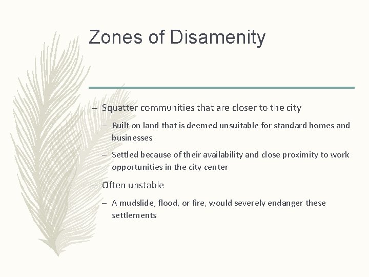 Zones of Disamenity – Squatter communities that are closer to the city – Built